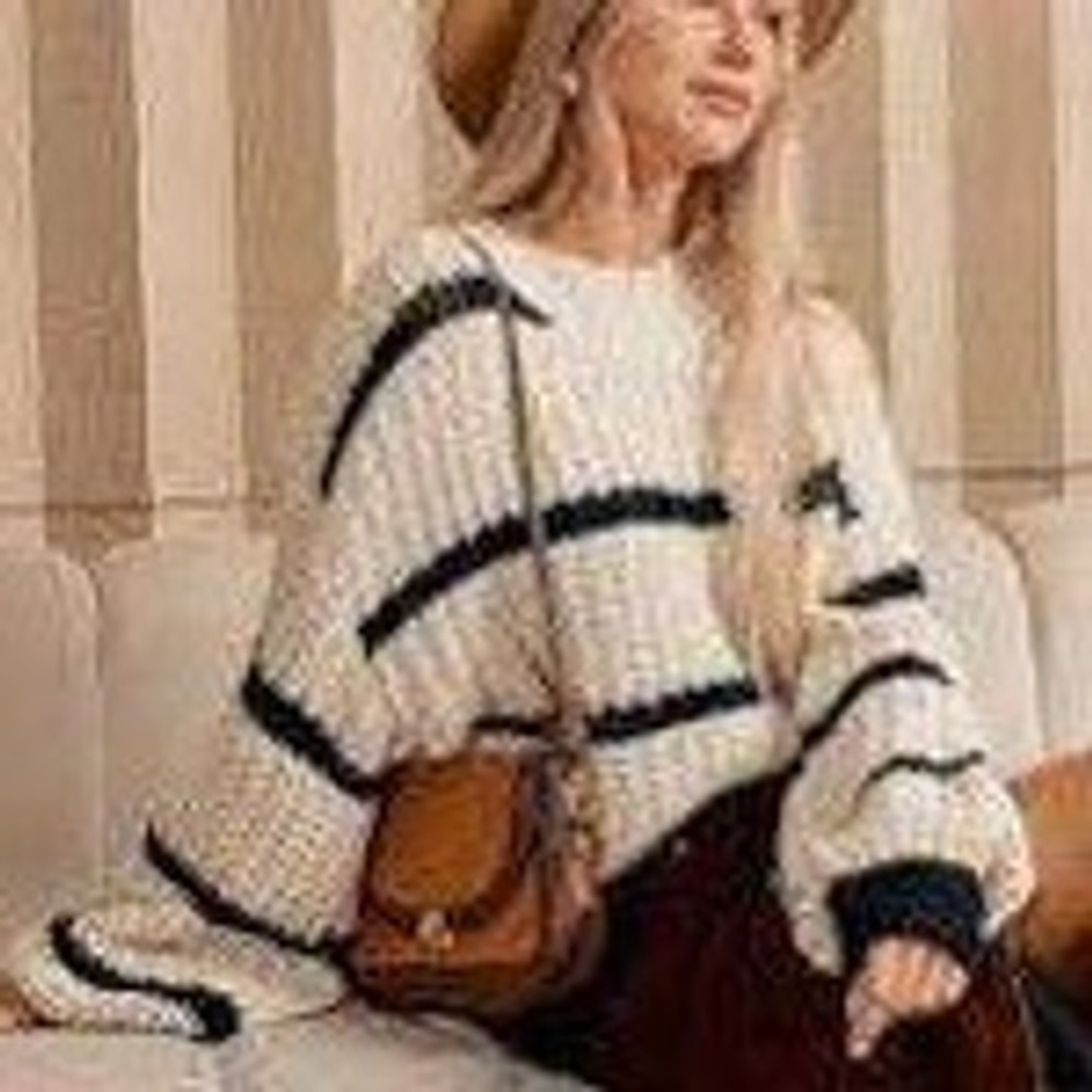 Grace Karin Striped Oversized Knit Sweater Cream Black 2XL NWT
